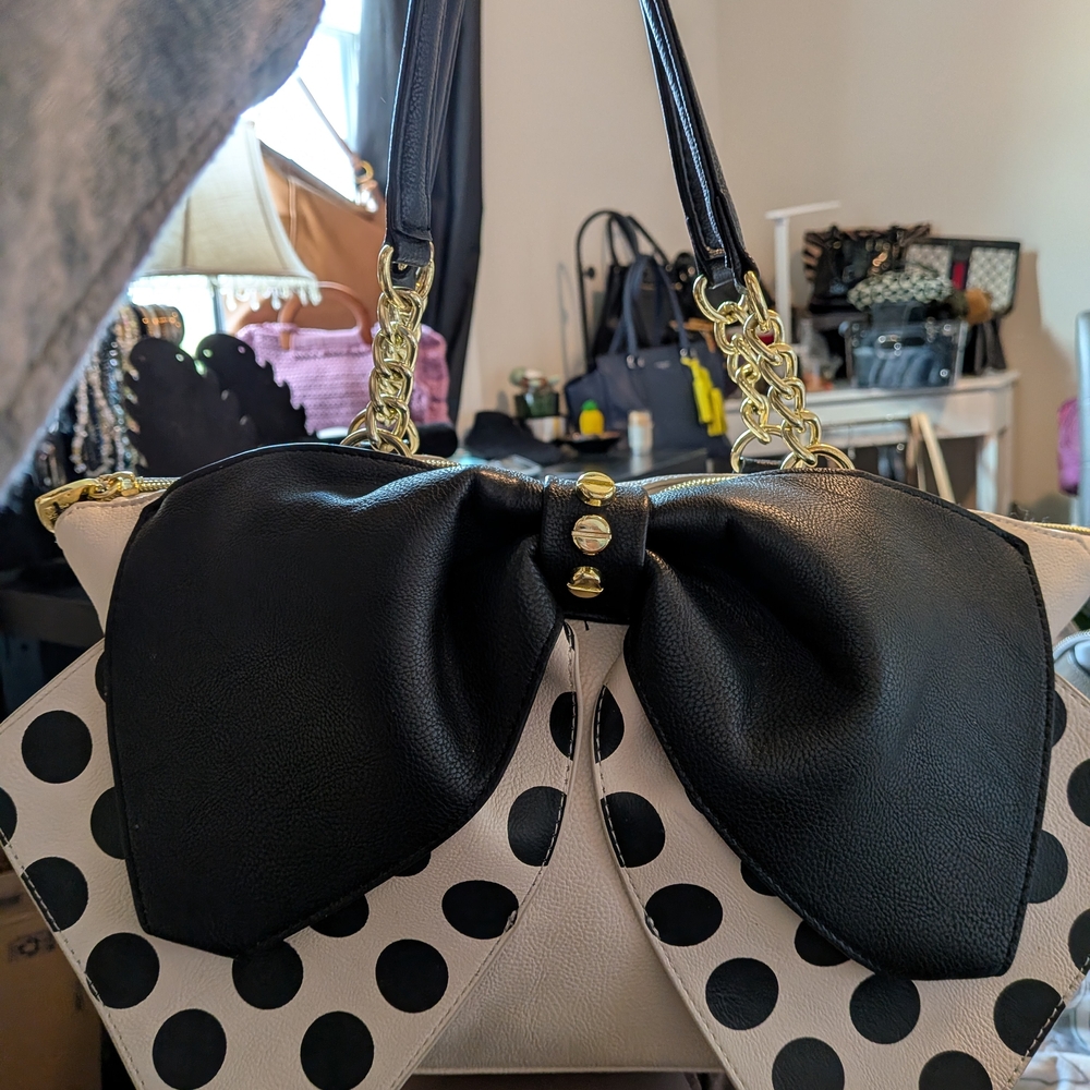 Betsey Johnson Cream And Black With Reverse Side Polka Dot Huge Bag